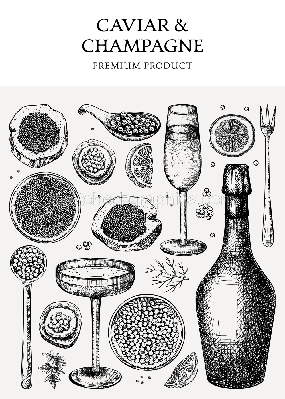 Caviar and champagne vintage design. Hand drawn menu template with red caviar canape, canned black caviar, sparkling wine bottle, glasses sketches. Seafood background in retro style Illustration